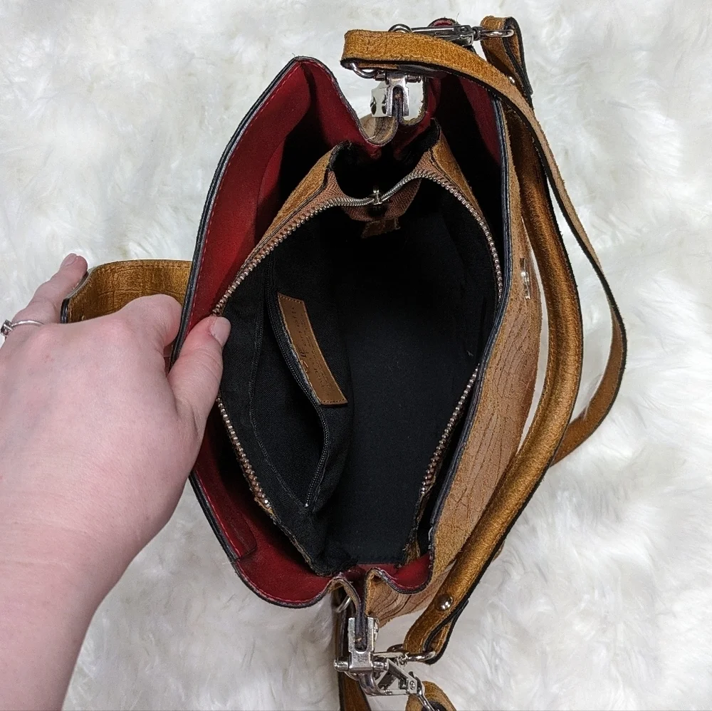 Chiara Ferretti Italian Leather Croc Embossed Cognac Brown Convertible‎ Bag